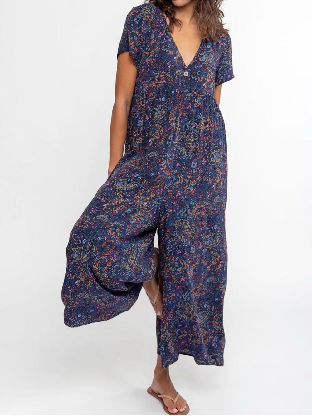 NWT Natural Life Avery Retro Paisley Navy Wide-Leg Jumpsuit